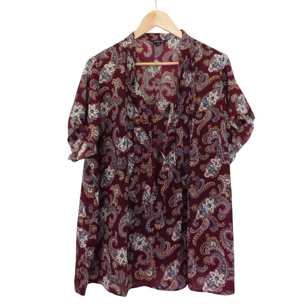 Lands End womens short sleeve top Paisley Burgundy Pintuck Tie professional 22W